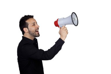 bir şey ilan bir megafon ile genç işadamı