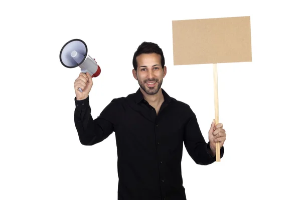 Jovem empresário com um Megafone e um cartaz proclamando alguns — Fotografia de Stock