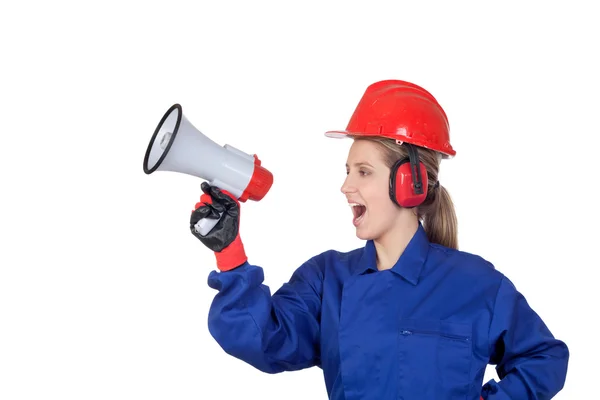 Trabalhadora industrial mulher com um megafone — Fotografia de Stock