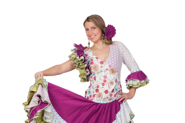 Menina espanhola vestida com traje tradicional dança andaluza — Fotografia de Stock