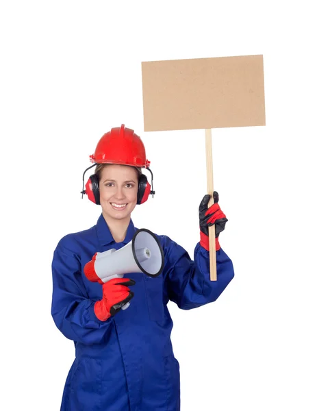 Trabalhadora industrial mulher com um megafone e um cartaz — Fotografia de Stock