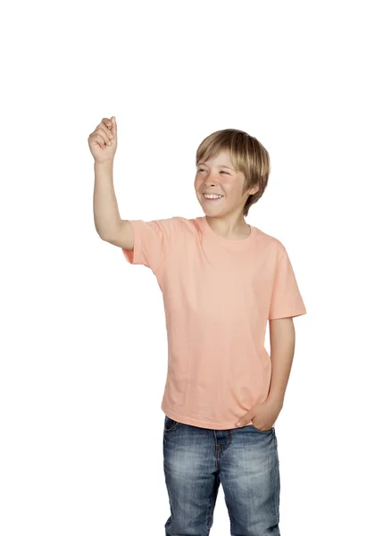 Sorrindo menino levantando o braço segurando algo — Fotografia de Stock