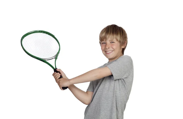 Preadolescente jugando tenis celebración raqueta — Foto de Stock