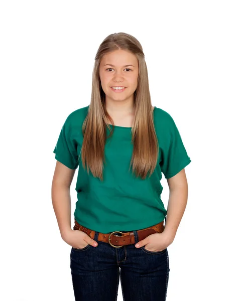 绿色 t 恤的漂亮年轻女孩 — 图库照片