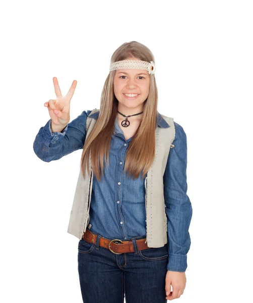 Pretty girl with hippie clothes making the peace symbol — Stock Photo, Image