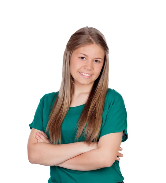 Menina bonita com t-shirt verde — Fotografia de Stock