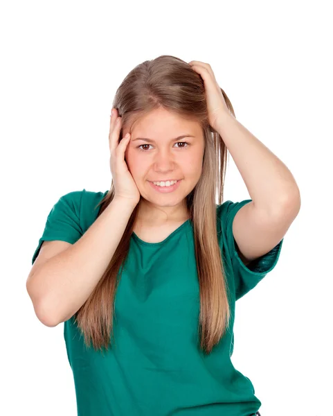 Hermosa joven con camiseta verde — Foto de Stock