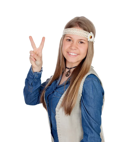 Pretty girl with hippie clothes making the peace symbol — Stock Photo, Image