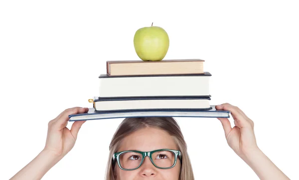 College student belast met boeken over haar hoofd — Stockfoto