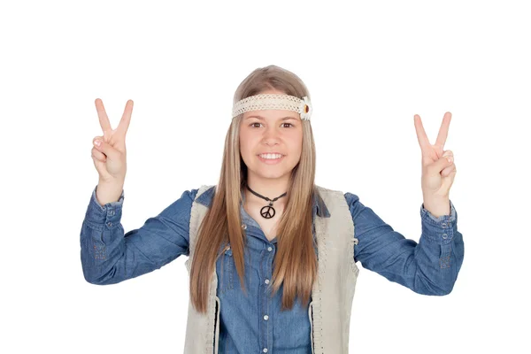 Söt flicka med hippie kläder att göra symbolen för fred — Φωτογραφία Αρχείου