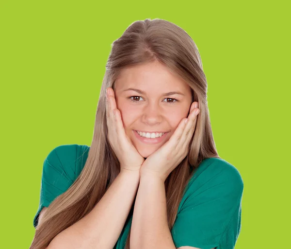 Beautiful young girl with green t-shirt — Stock Photo, Image