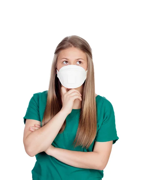 Allergic teen with face mask thinking — Stock Photo, Image