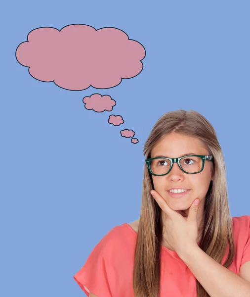 Beautiful young girl with glasses thinking — Stock Photo, Image