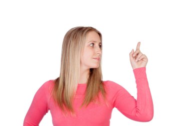 çekici bir kadın bir şey gösteren