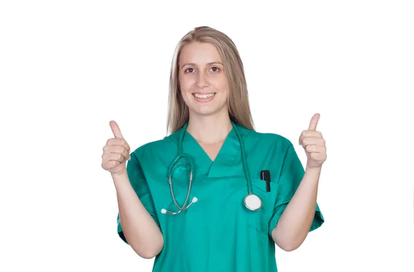 Menina médica atraente dizendo ok — Fotografia de Stock