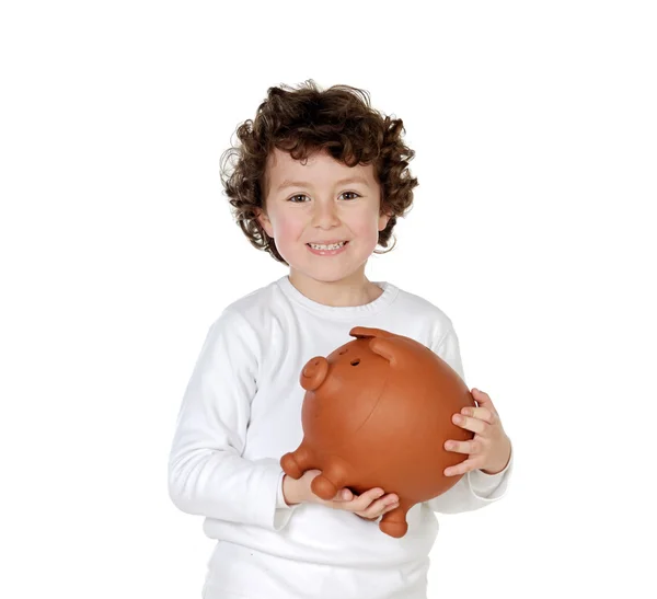 Liten pojke med sin en stor piggybank — Stockfoto