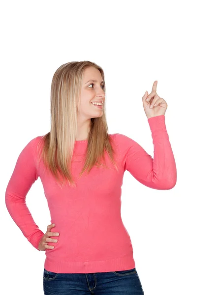 Attractive woman indicating something — Stock Photo, Image