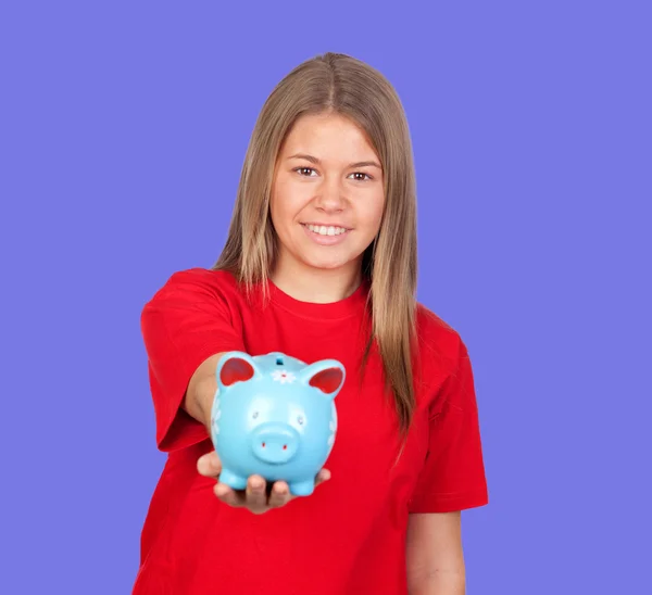 Attractive girl with money box — Stock Photo, Image