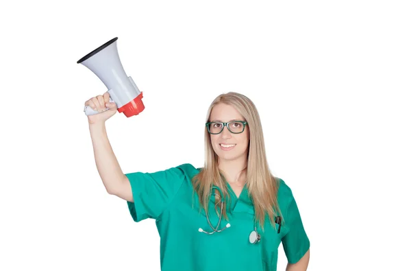 Atractive medical girl with a megaphone — Stock Photo, Image