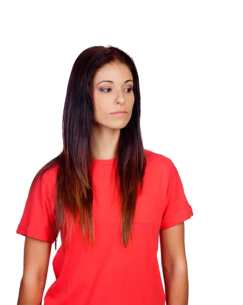 Aantrekkelijke brunette meisje gekleed in het rood — Stockfoto