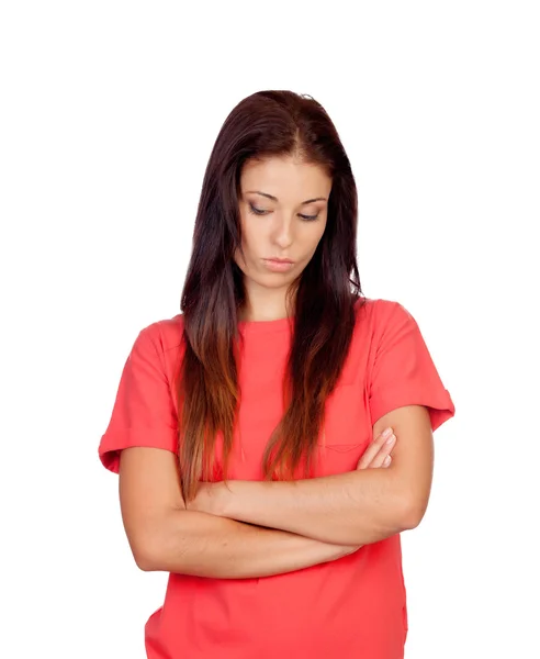 Depressed brunette girl dressed in red — Stock Photo, Image