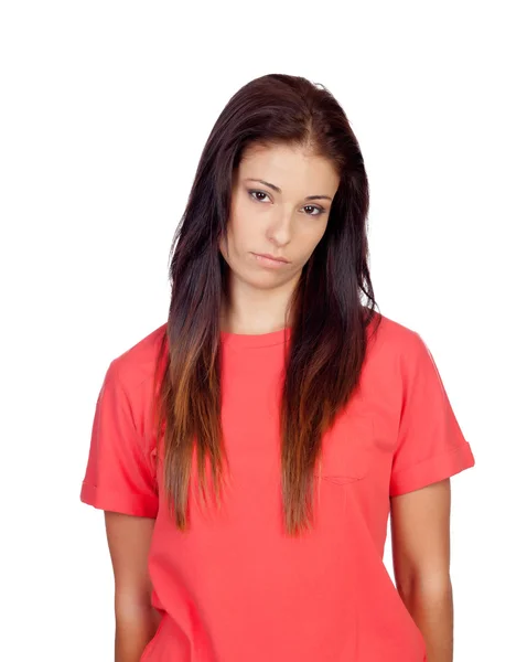 Przygnębiony brunetka dziewczynka ubrana w czerwony — Zdjęcie stockowe