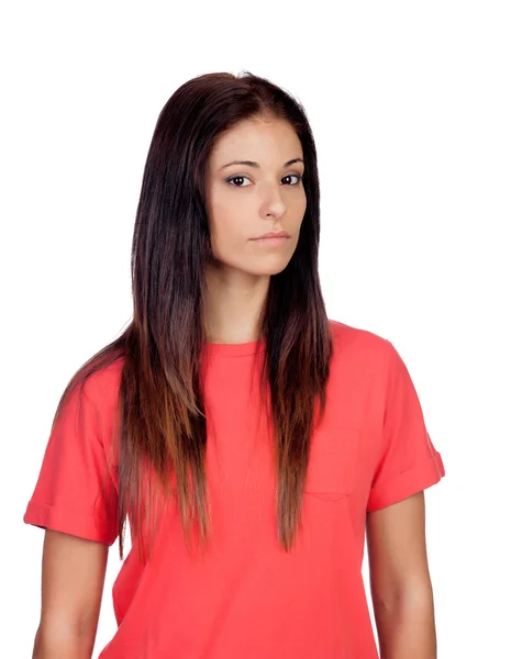 Aantrekkelijke brunette meisje gekleed in het rood — Stockfoto