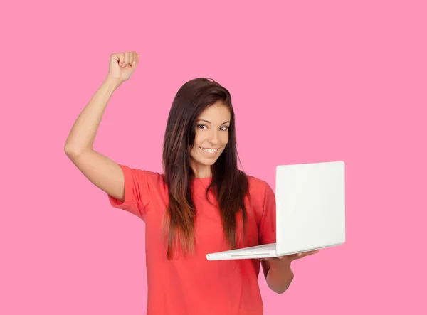 Győztes lány egy laptop — Stock Fotó
