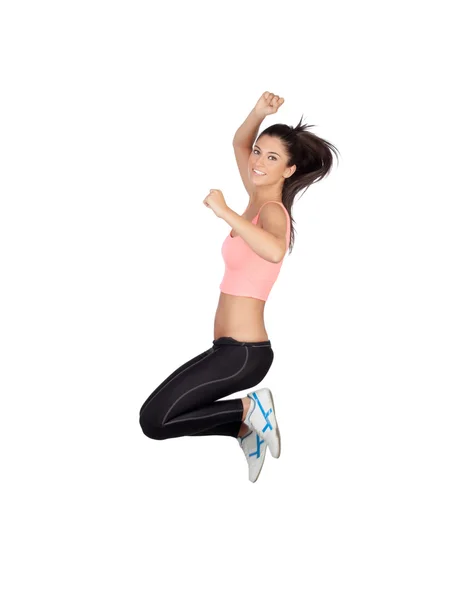 Attraente ragazza bruna con abbigliamento fitness salto — Foto Stock