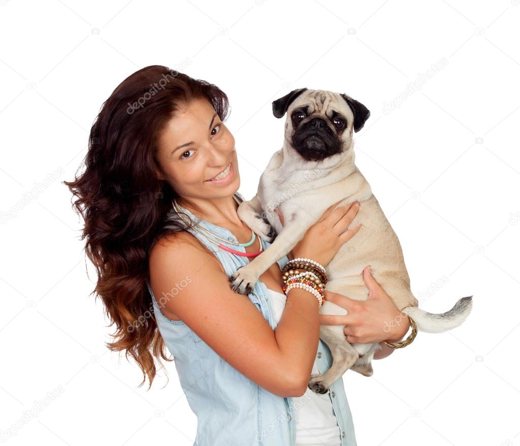 Brunette girl with her pug dog