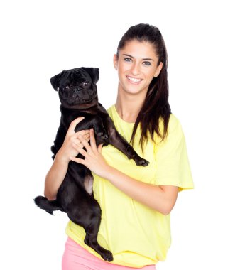Onu pug köpek ile esmer kız
