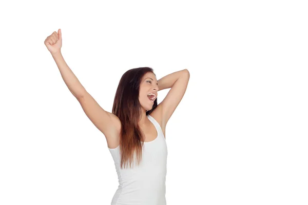 Brunette girl yawning and stretching morning — Stock Photo, Image