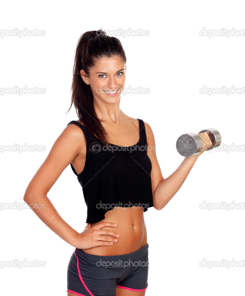 Happy fitness woman lifting dumbbells Stock Photo by ©Gelpi 27873325