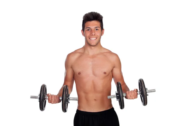 Muscled guy lifting weights — Stock Photo, Image