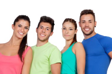 Happy friends with colored sportswear