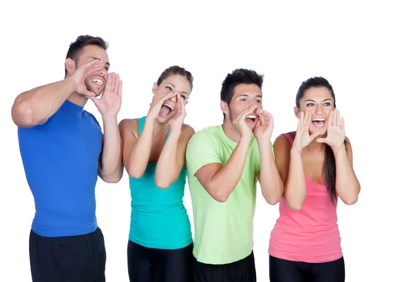 Felices amigos con ropa deportiva de colores gritando —  Fotos de Stock