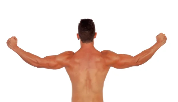 Stark pojke visar hans rygg muskler — Stockfoto