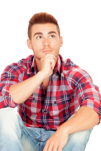 Pensivo menino casual com camisa xadrez — Fotografia de Stock