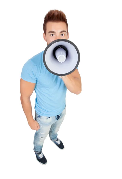 Jovens homens casuais com um megafone — Fotografia de Stock