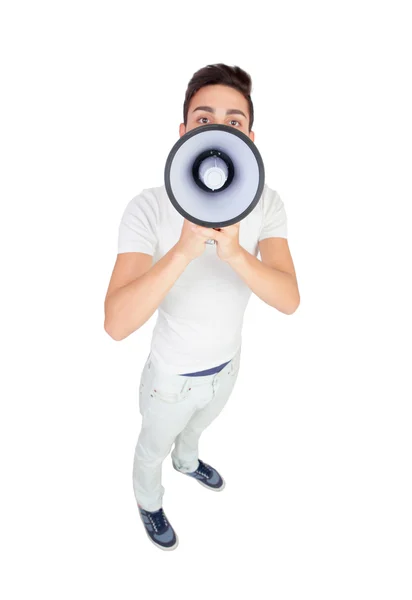 Jovens homens casuais com um megafone — Fotografia de Stock