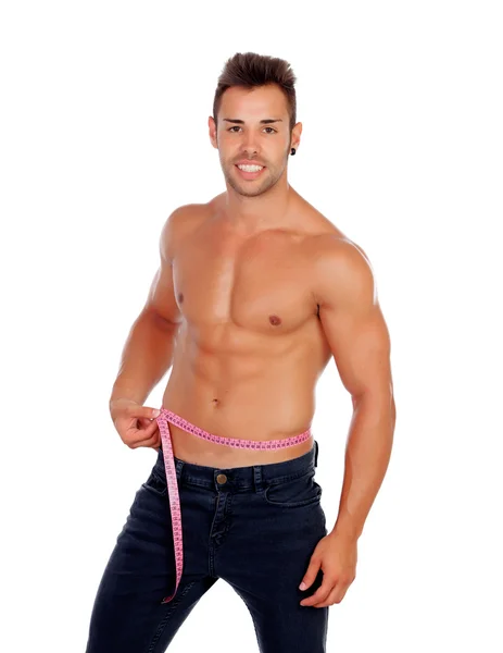 Hombres con abdominales perfectos midiendo su cintura —  Fotos de Stock
