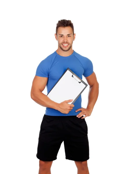 elinde dosya olan yakışıklı kişisel antrenör