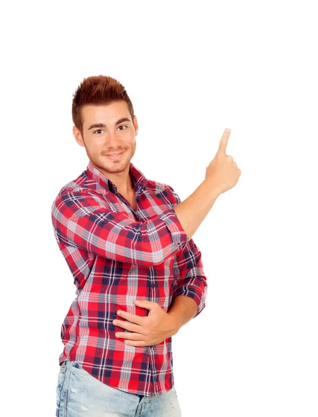 Young attractive men pointing something with the hand — Stock Photo, Image