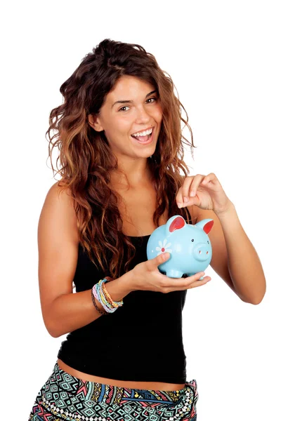 Casual girl with a blue piggy-bank — Stock Photo, Image