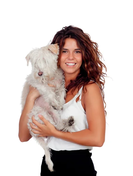 Happy girl with her dog isolated — Stock Photo, Image