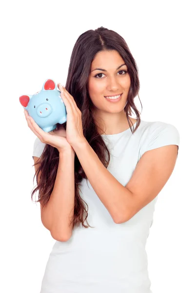 Menina casual com um porquinho-banco — Fotografia de Stock