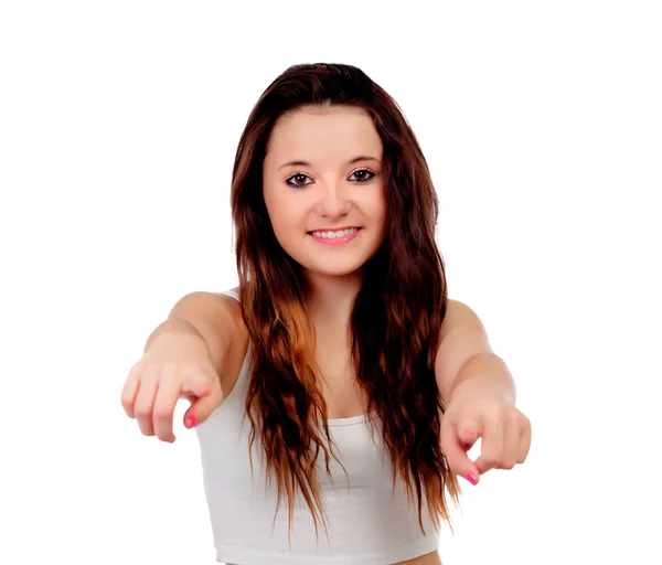 Ung tonårsflicka som pekar på kamera med fingret index — Stockfoto