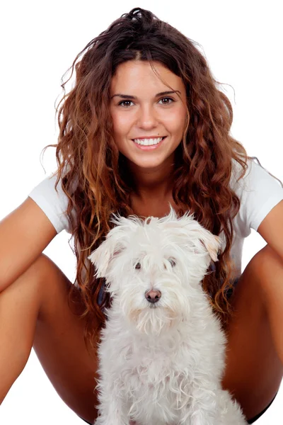 Happy girl with her dog isolated — Stock Photo, Image
