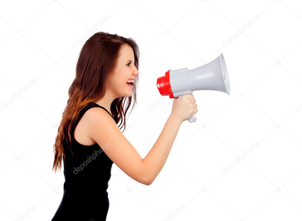 Funny girl shouting with a megaphone