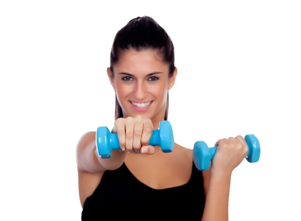 Happy brunette girl toning the muscles — Stock Photo, Image